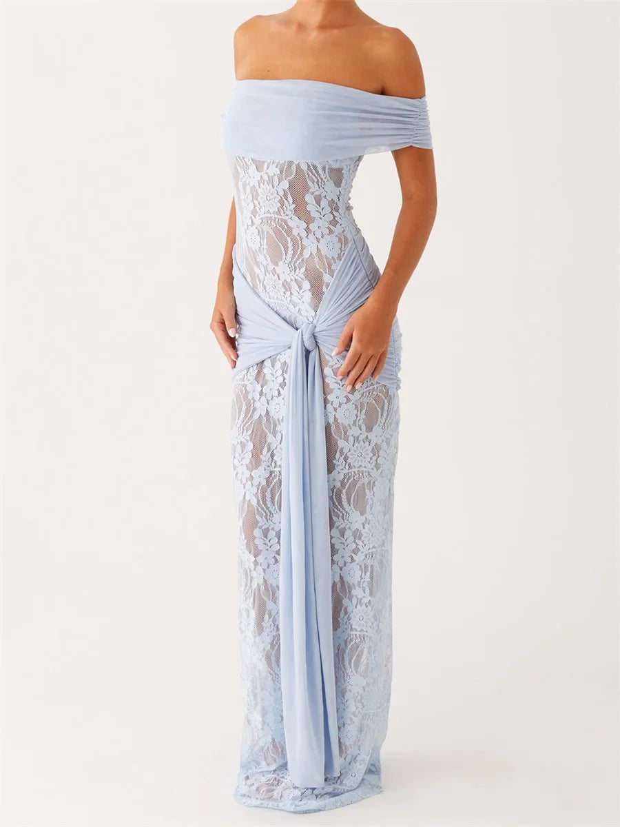 Elegant Off-Shoulder Lace Patchwork Bodycon Long Dress