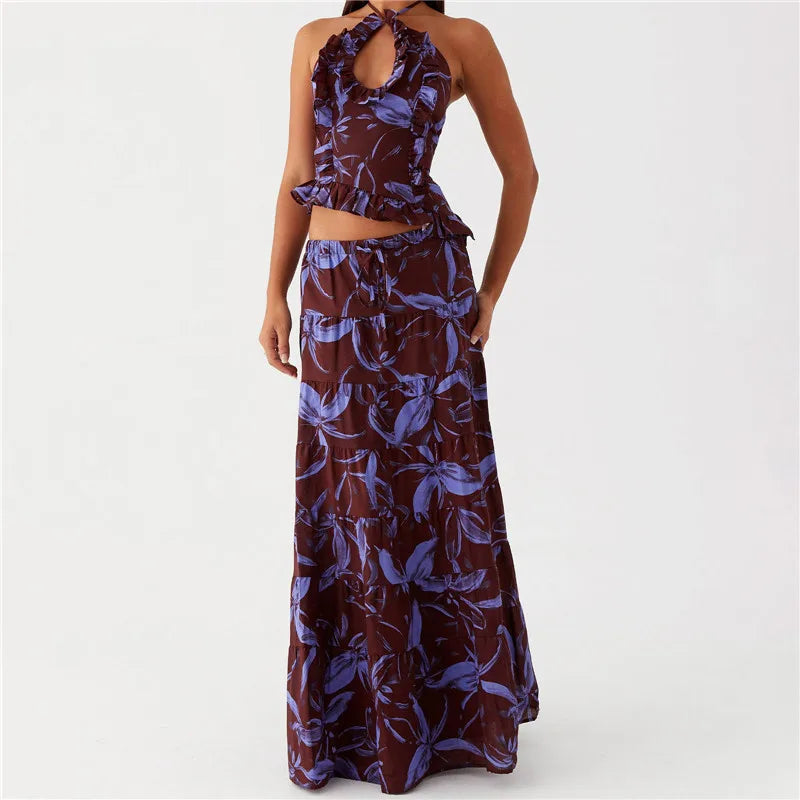 Woman wearing a floral two-piece dress set on a white background