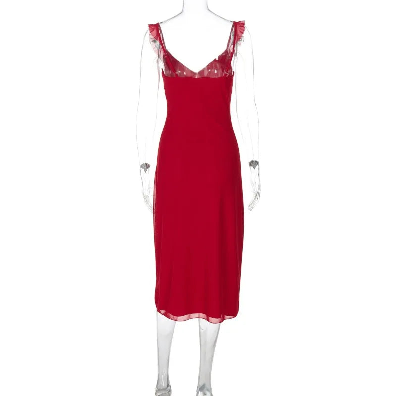 Deep V Red Lace Up Midi Sling Dress