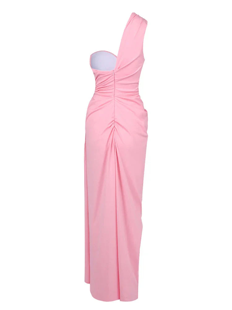 Pink One Shoulder Folds Split Long Dress