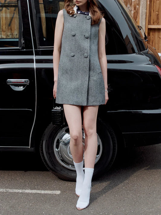 Sleeveless Round Neck Double-Breasted Grey Mini Dress
