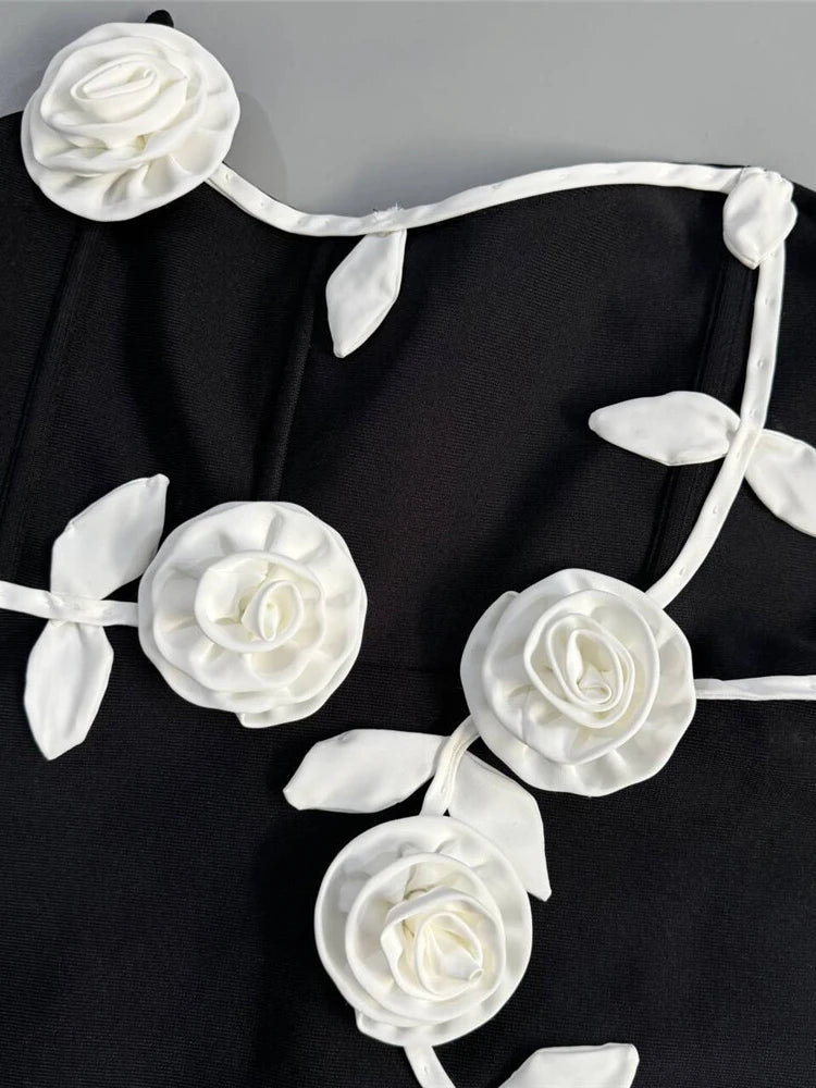 Strapless Bloom-Appliqué Pleated Evening Gown