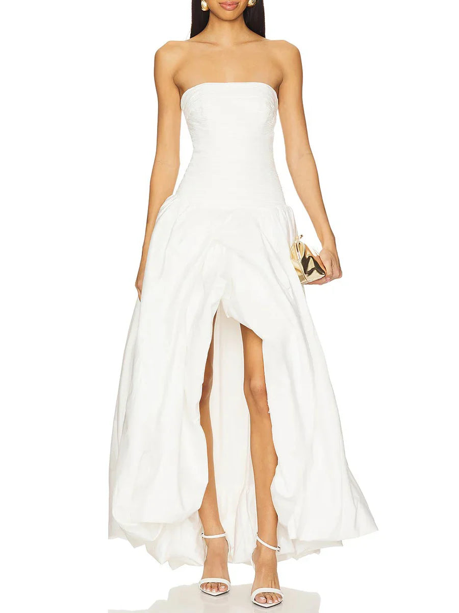 Strapless Puffs Dress – Ruched Bodice & High-Slit Elegance