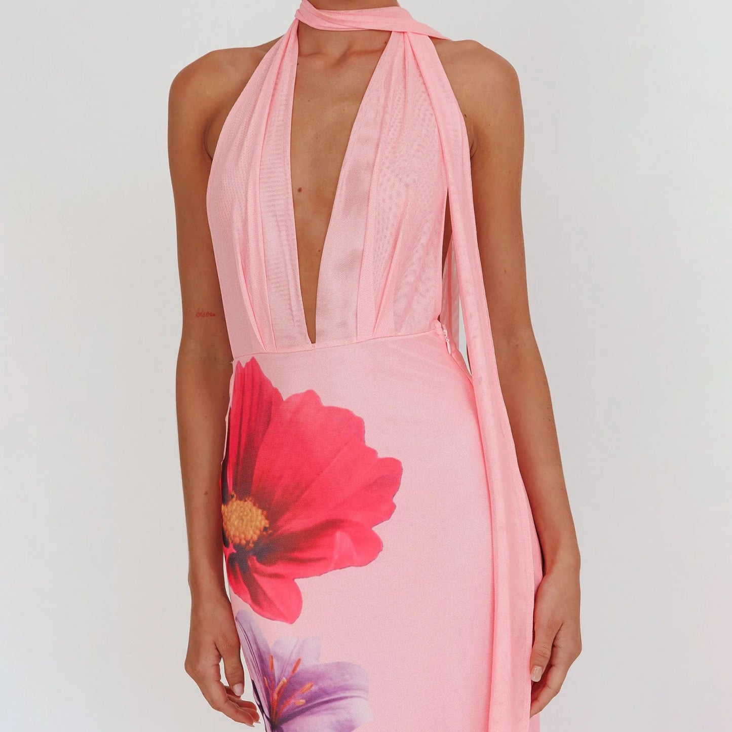 Floral Print Deep Neck Halter Drape Maxi Dress