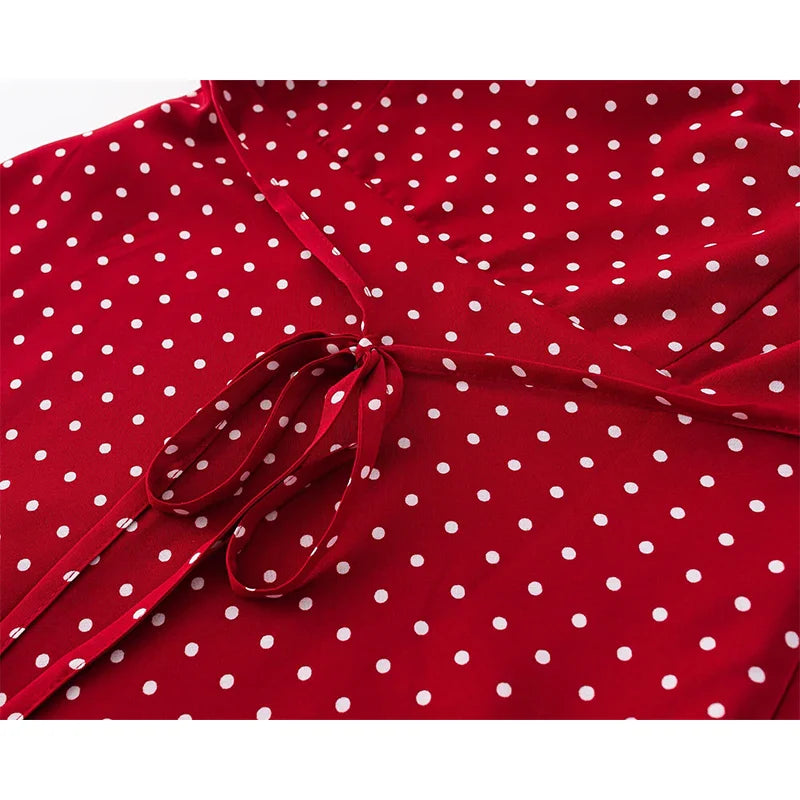 Red Polka Dot Midi Dress - Lace Trim V-Neck Holiday Robe