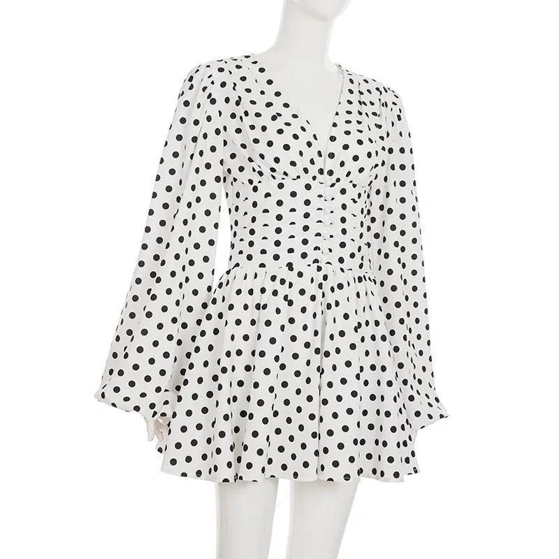 Polka Dot Puff Sleeve Mini Dress – Deep V High Waist Autumn A-Line