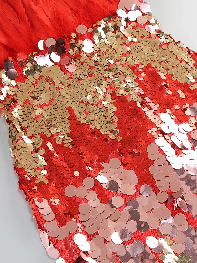 Red & Gold Feather Sequin Patchwork Strapless Gown