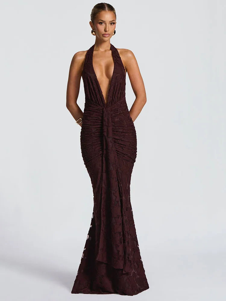 Red Plunge Halter Evening Gown, Draped Maxi