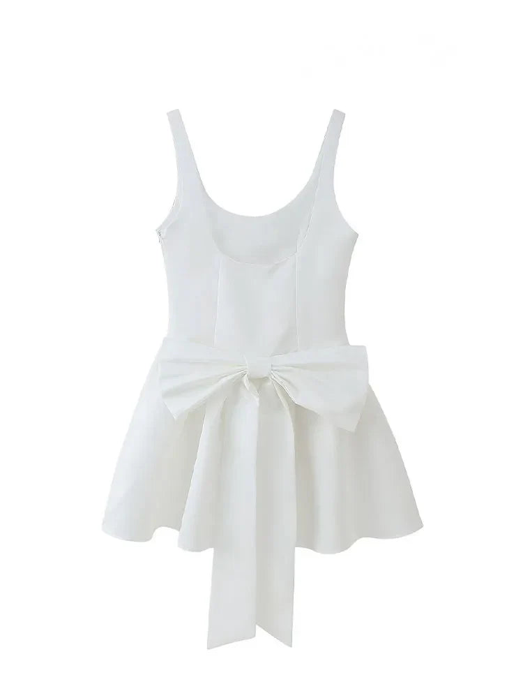 White Satin Large Back Bow Mini Dress