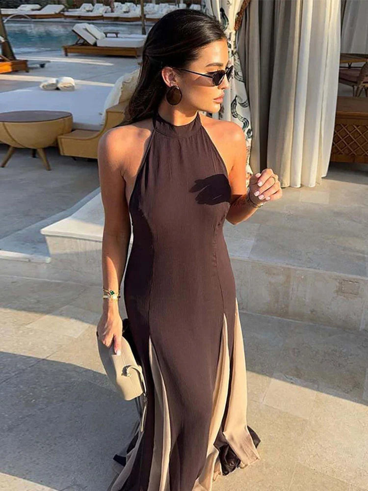 Brown Pleated Patchwork Halter Long Dress