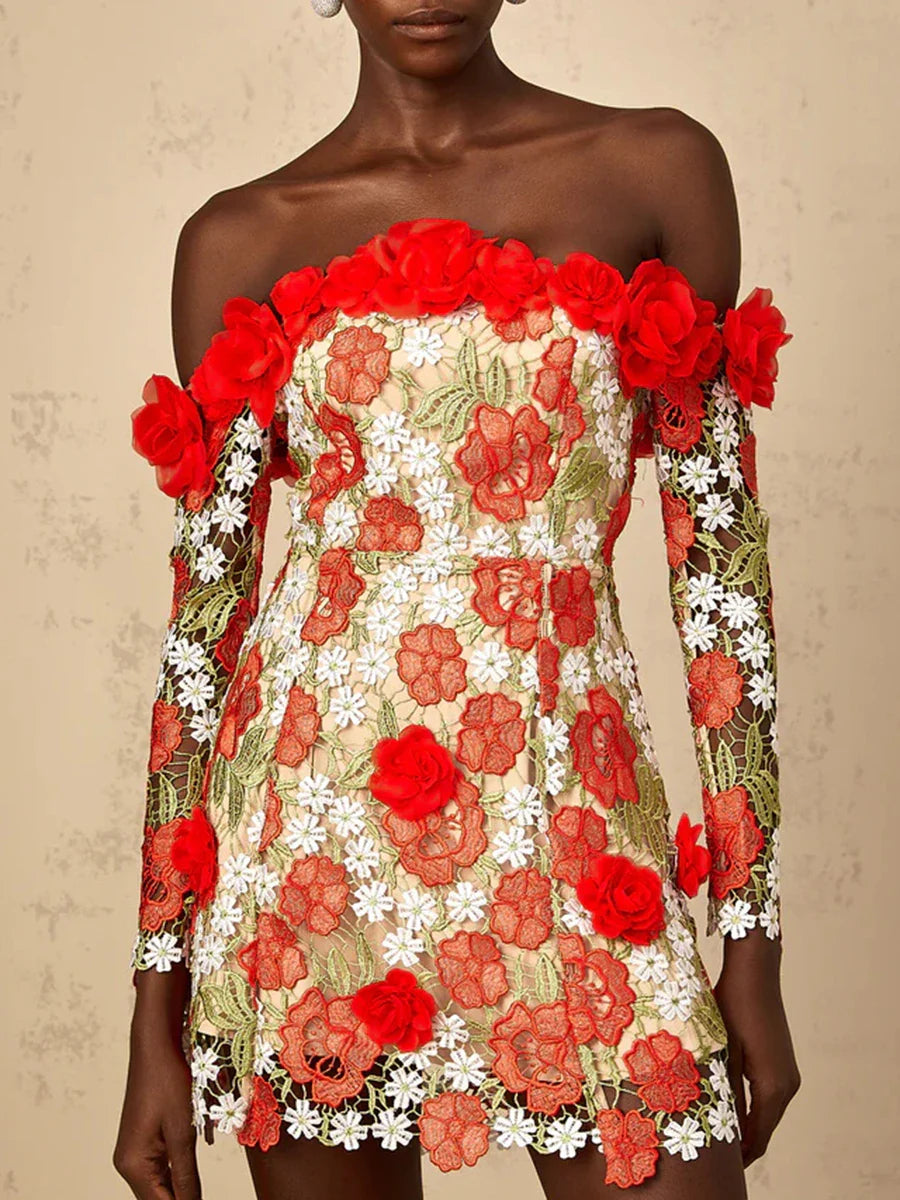 Red 3D Floral Appliqué Off-Shoulder Mini Dress | Summer Standout