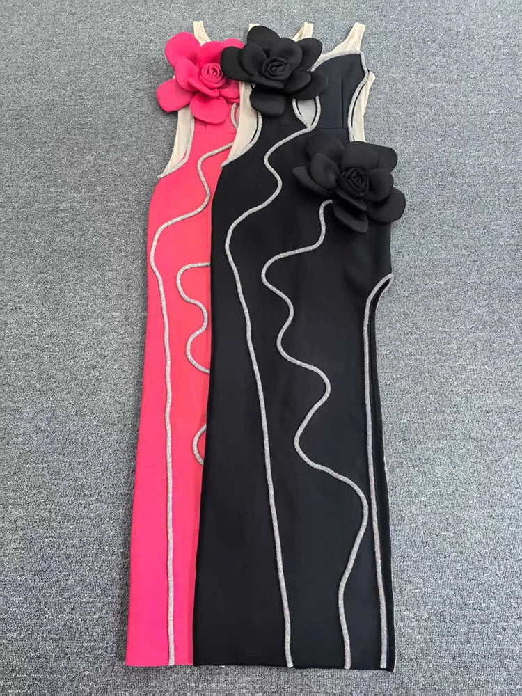 Pink Mesh Flower Diamond Split Bandage Dress | Sparkly Sleeveless Evening Gown