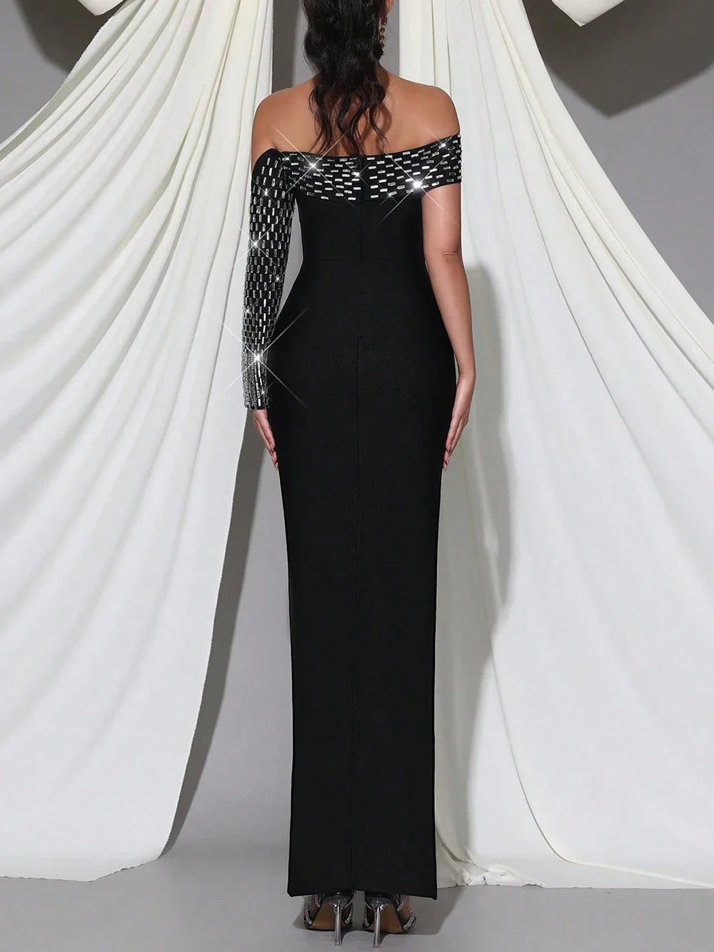 Elegant Crystal Embellished One-Shoulder Sheath Maxi Dress