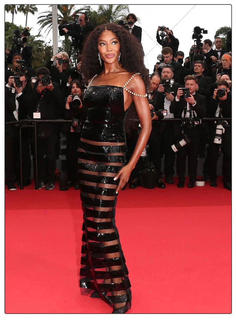 Black Sequin Mesh Strap Gown with Pearl Shoulder Chain