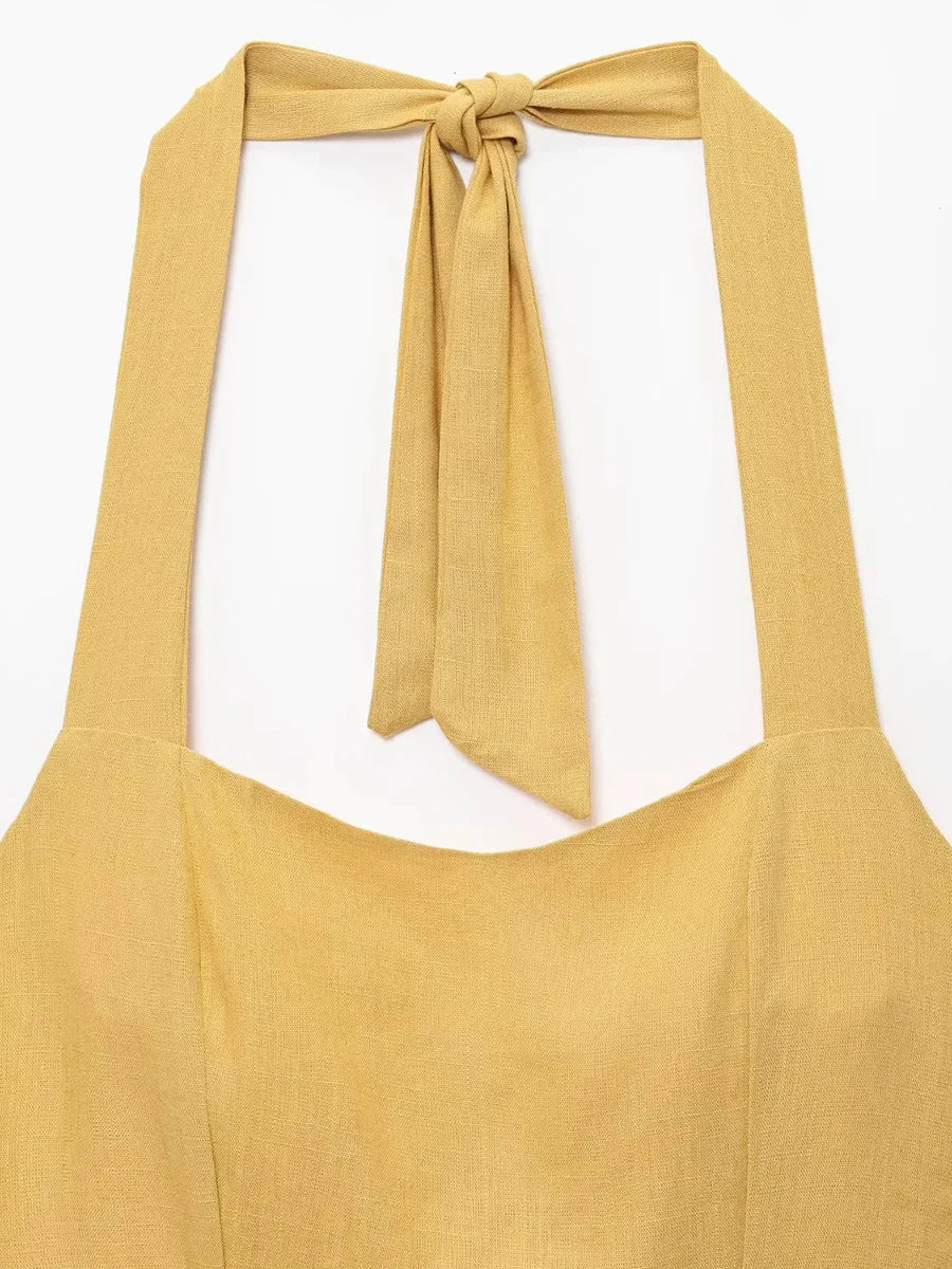Yellow Halter Midi Dress | French-Inspired Backless Summer Look