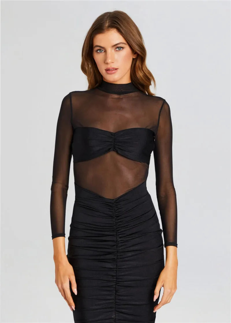 Black Sheer Long Sleeve Ruched Maxi Dress
