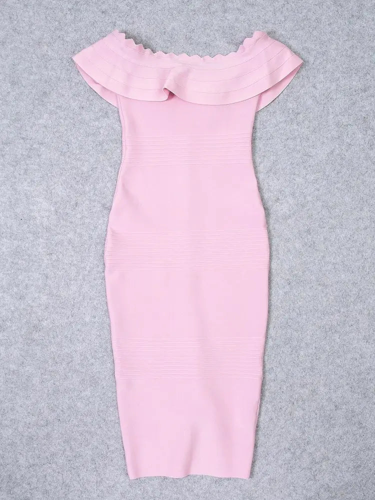 Blue Ruffle Off-Shoulder Bandage Midi Dress | Sculpted Guest Look