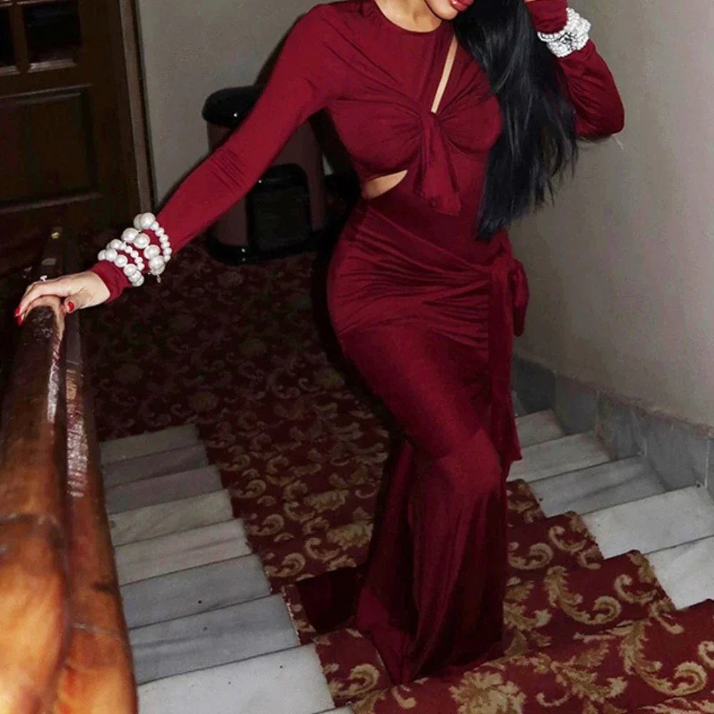 Beige Hollow-Out Evening Gown | Sculpted Maxi for Events