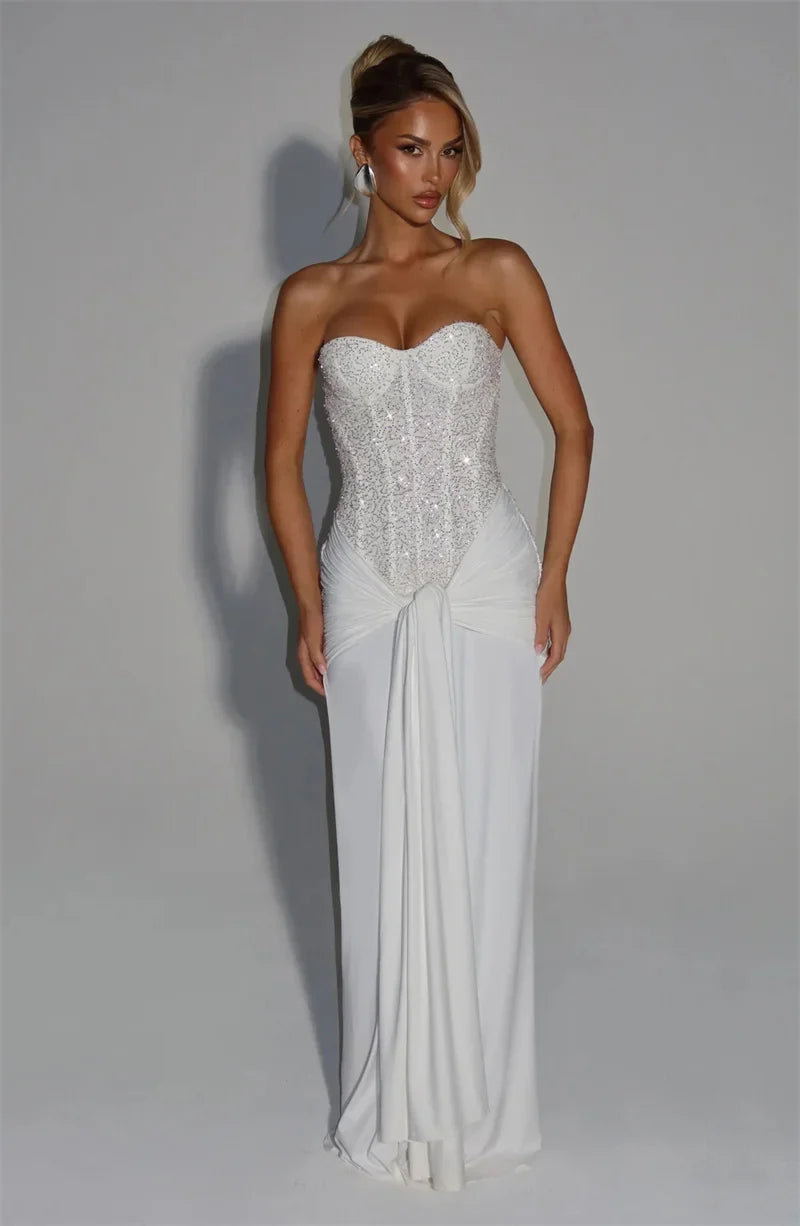 Sequin Strapless Draped Waist Evening Gown