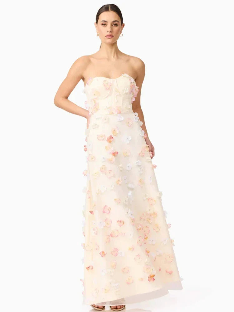 Beige Mesh Appliqué Strapless Gown – Floral Sleeveless Long Dress