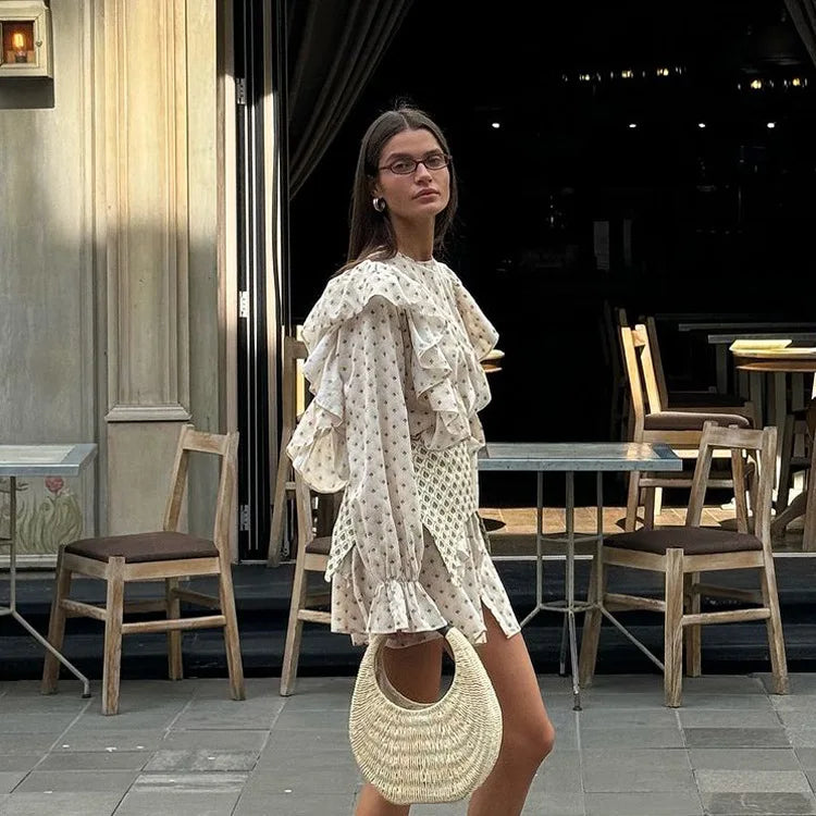 Ruffle Waist Mini Dress | Soft Bloom Print with Flared Sleeves