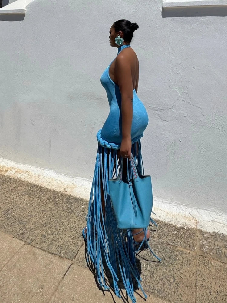 Blue Velvet Halter Fringe Gown with Braided Detail