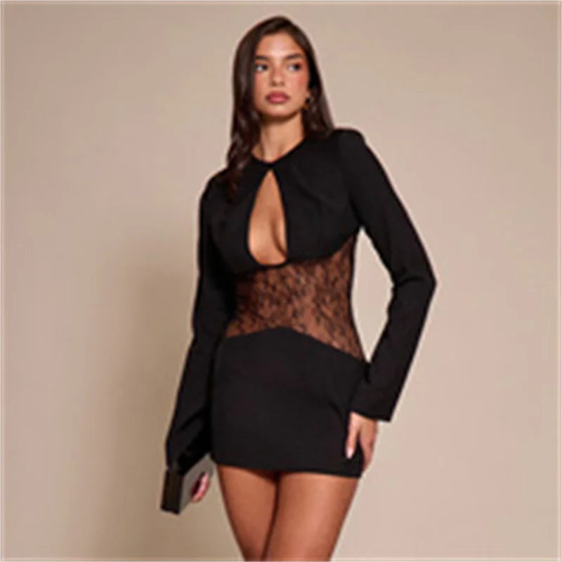 Lace Waist Cutout Long Sleeve Mini Dress