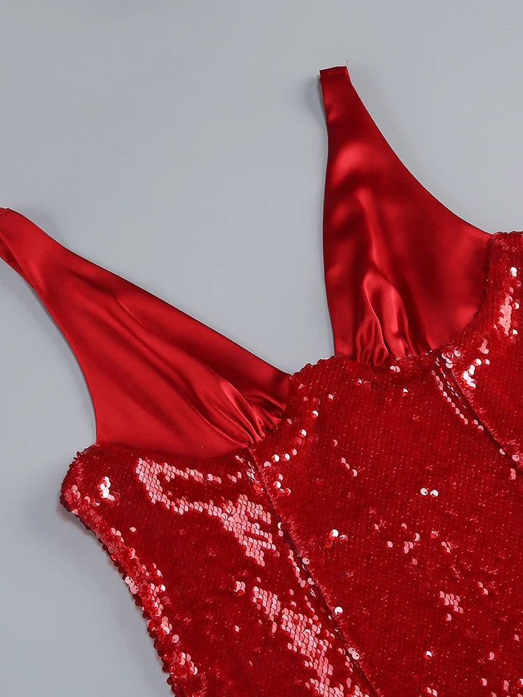 Red Deep V-Neck Sequin Gown