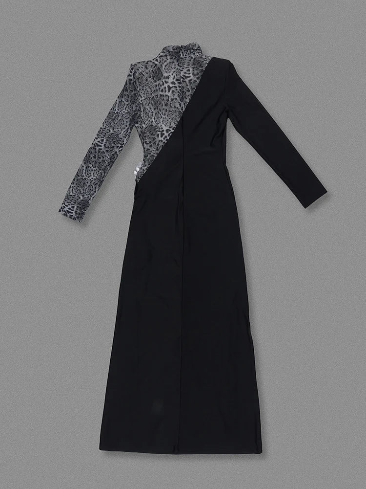 Black Leopard Patchwork Cutout Long Dress