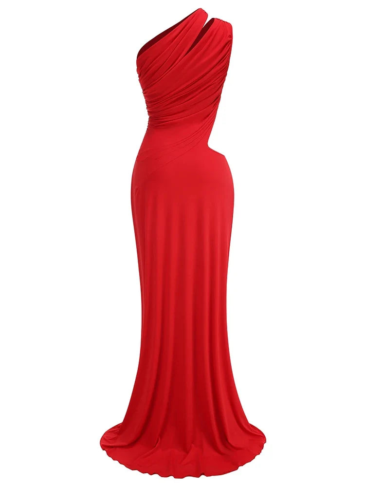 Red One Shoulder Dress | Irregular Cutout Slim Evening Gown