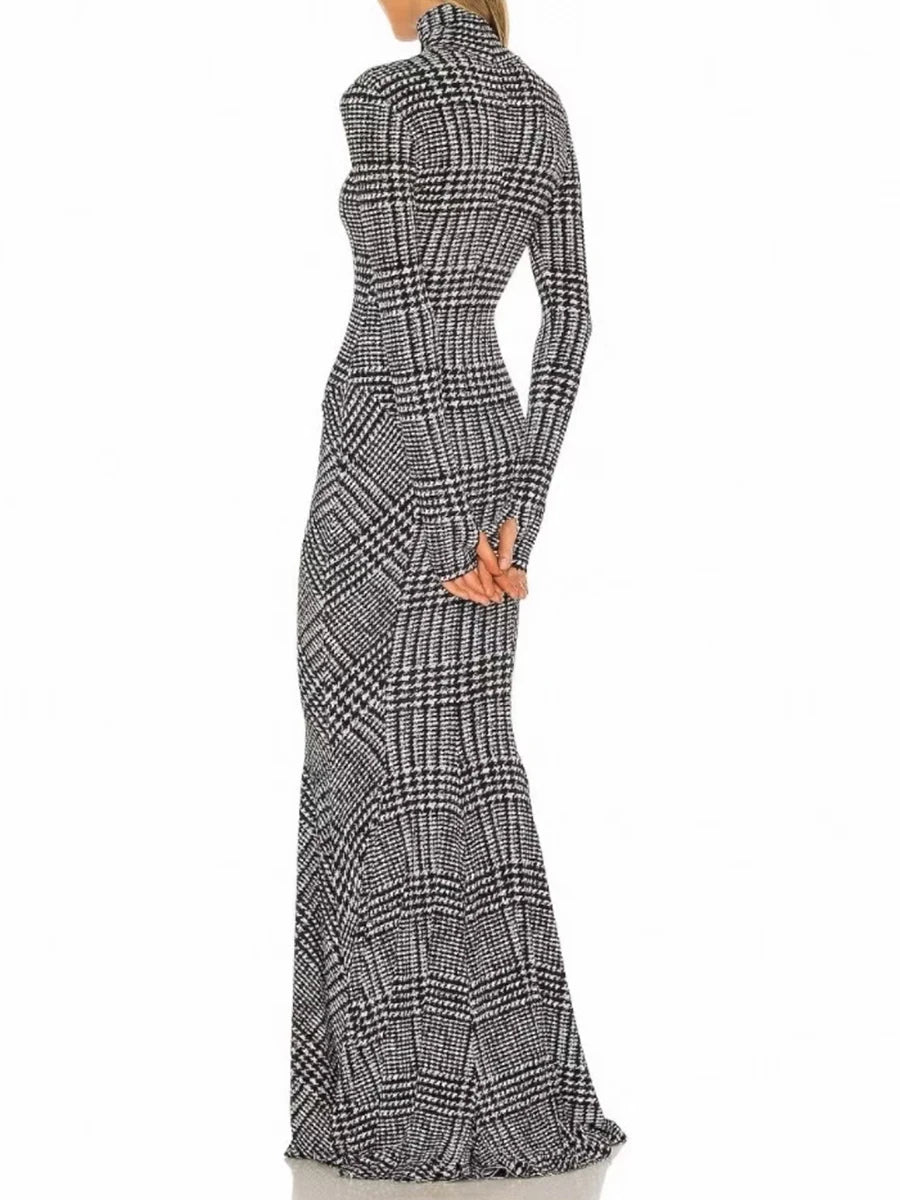 Plaid High-Neck Long Sleeve Sheath Maxi Dress