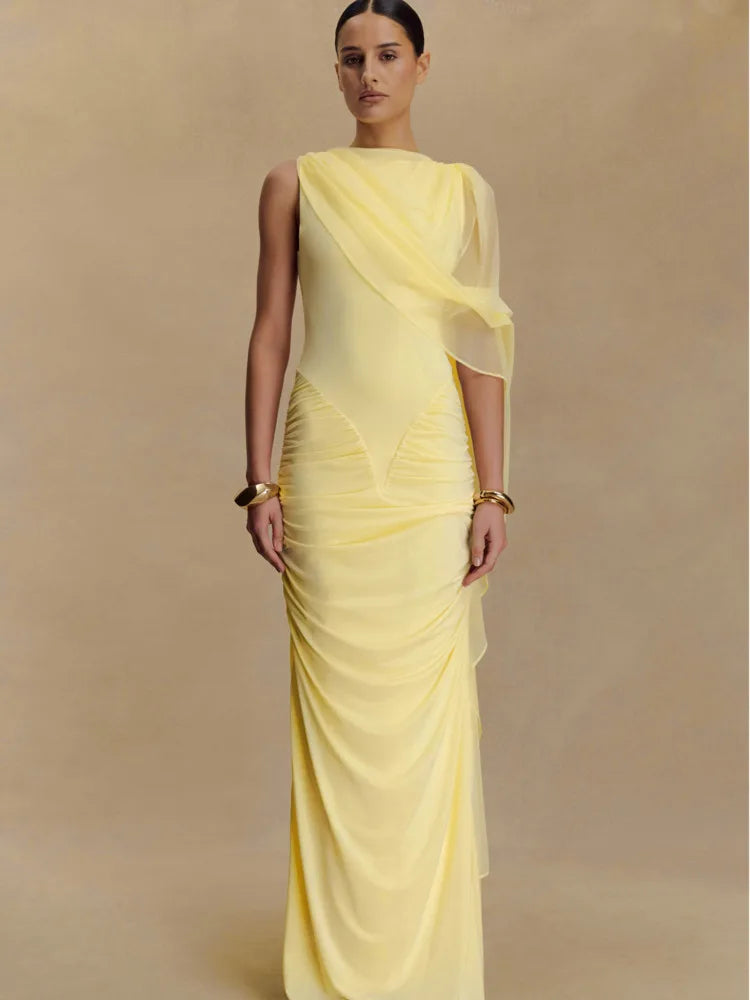 One Shoulder Shawl Drape Pleated Bodycon Long Dress