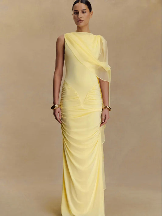 One Shoulder Shawl Drape Pleated Bodycon Long Dress