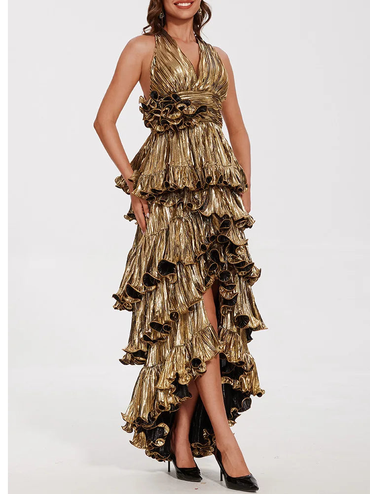 Metallic Tiered Halter Maxi Dress with Frill Layers