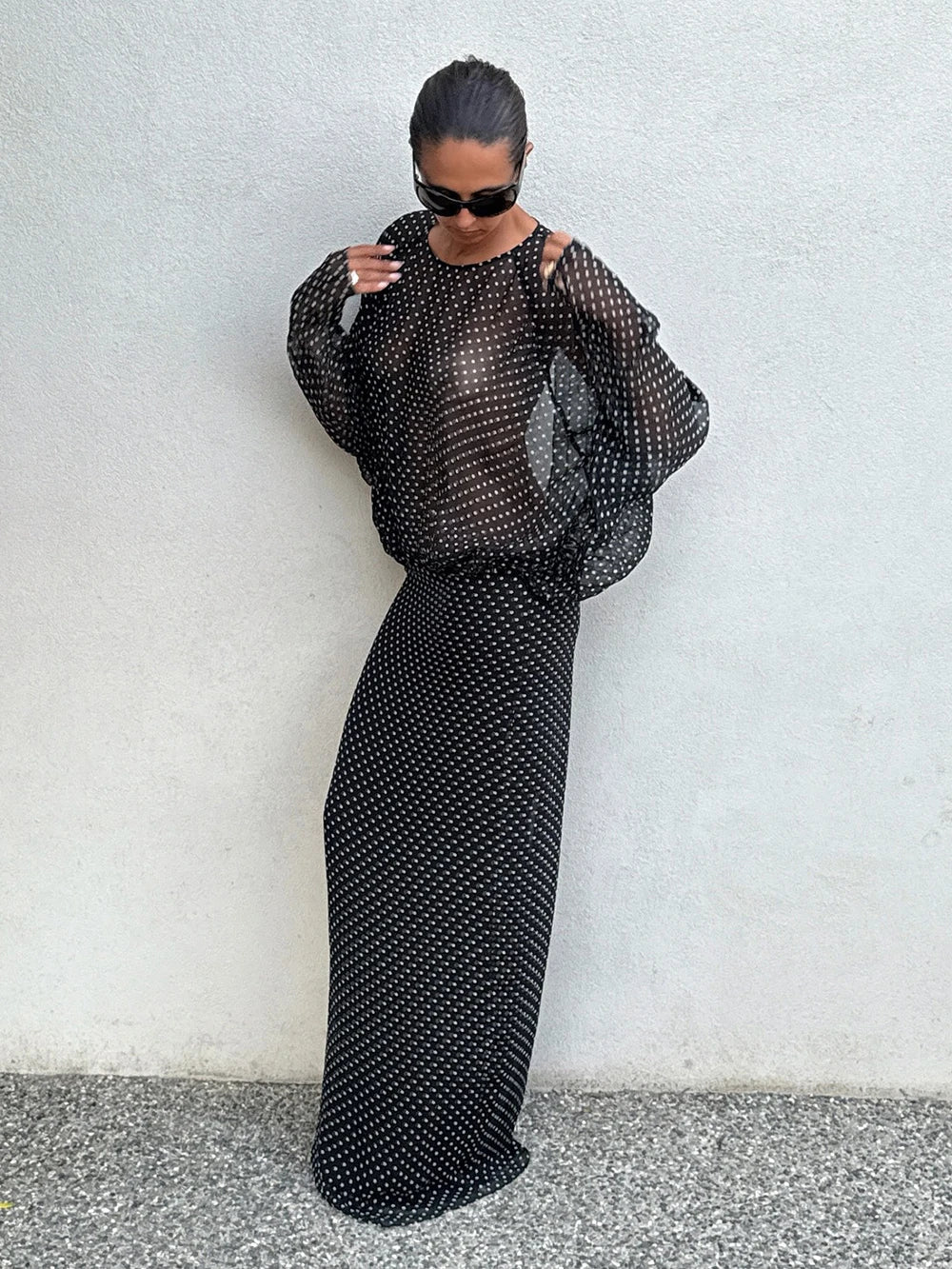 Black Dot Long Sleeve See-Through Maxi Dress