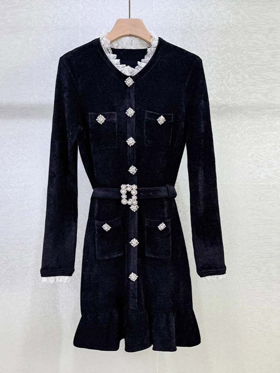 Round neck mini dress styled with lace-trim sleeves