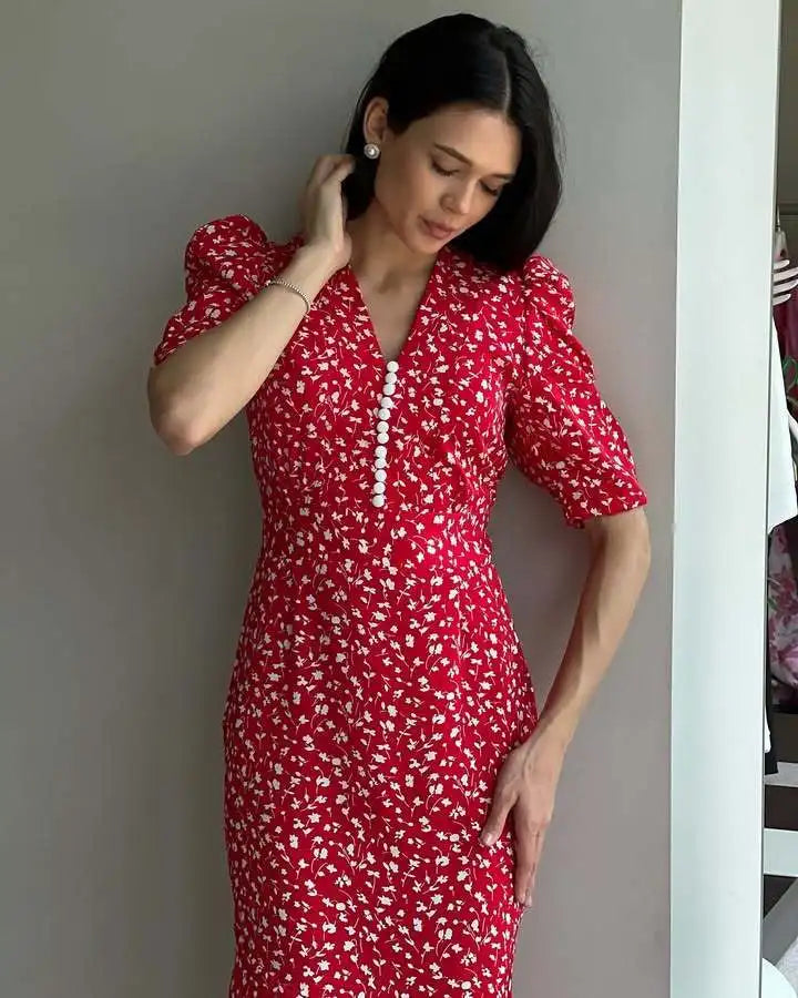 Half-Sleeve Polka Dot Midi Dress