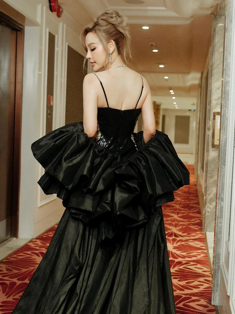 Black Sequin Side-Chain Cut-Out Sculpted Maxi Dress