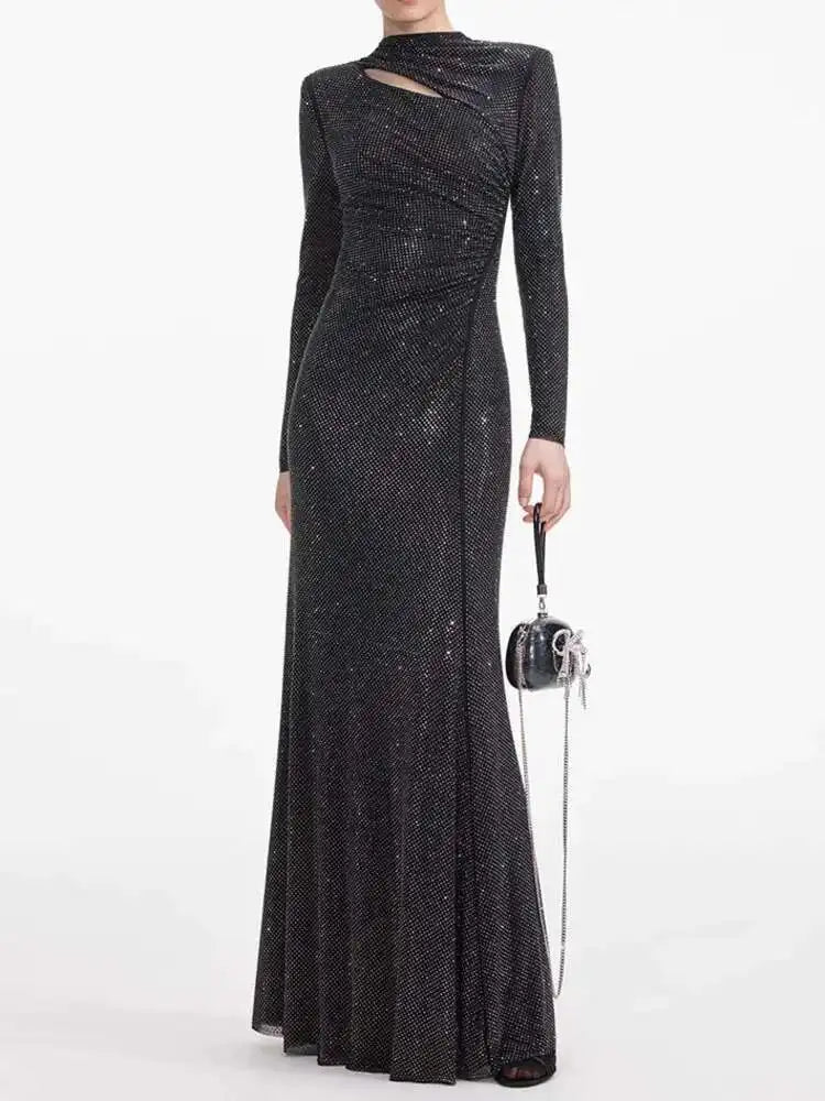 Elegant Slim Pleated Diamond Long Dress