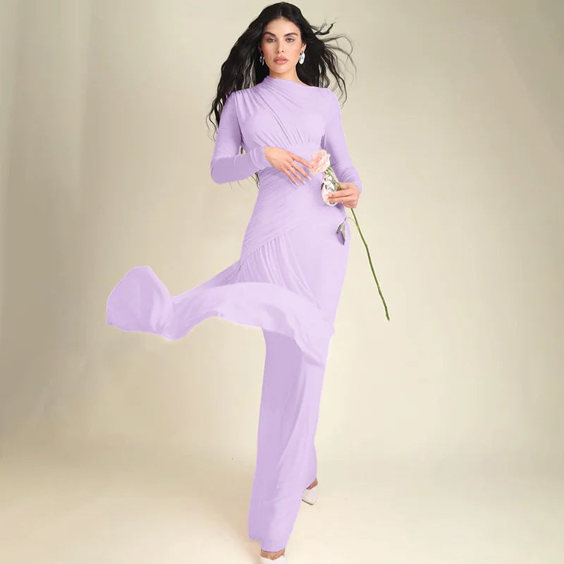 Irregular Pleated Long Sleeve Maxi Dress – O-Neck Floor-Length Silhouette