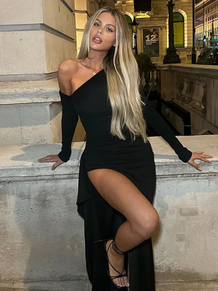 Black Ruched Maxi Dress – Long Sleeve High Slit Evening Gown