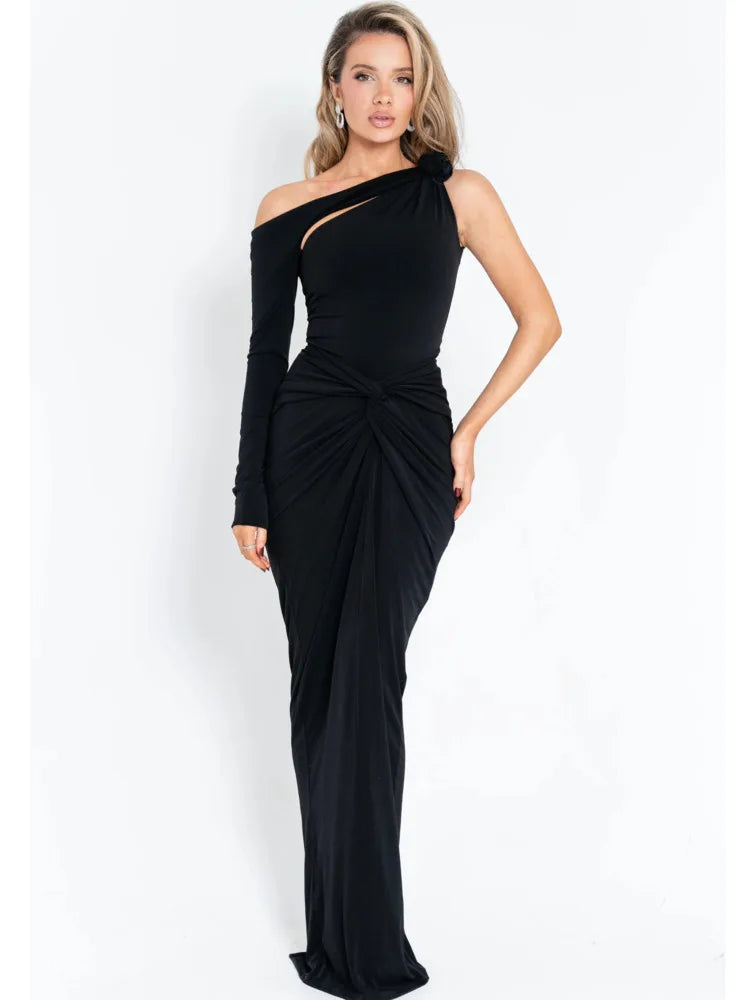 One-Shoulder 3D Flower Cut-Out Maxi Dress