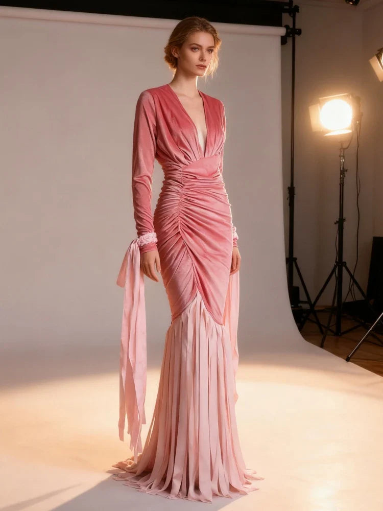 Pink Velvet Deep V Neck Folds Tassel Long Dress