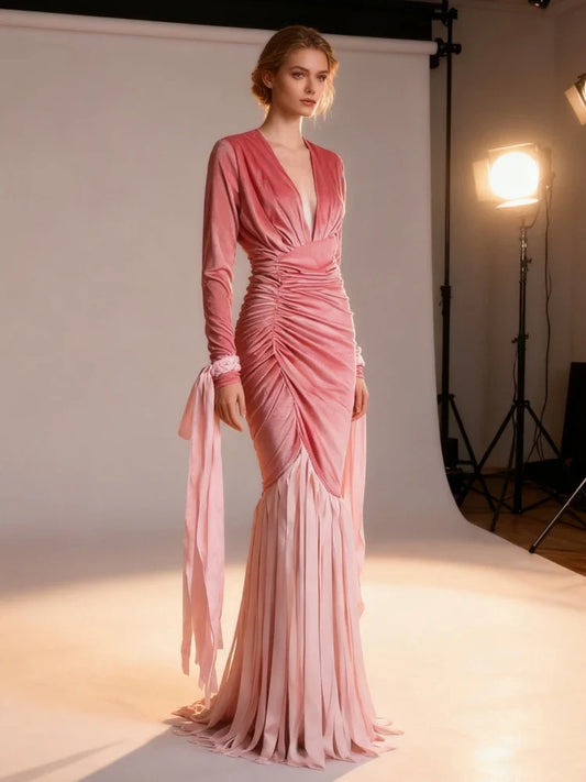 Pink Velvet Deep V Neck Folds Tassel Long Dress