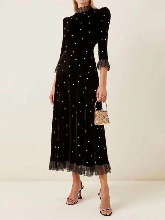 Black Velvet Crystal-Trim Long Evening Dress with Sheer Hem