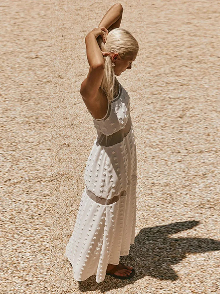 White Lace Strapless Long Dress – Patchwork Tube Dress for Summer Beach & Party