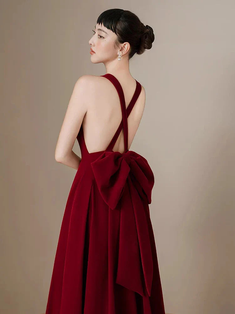 Burgundy Bow Backless Hollow Out A-Line Dress | O Neck Evening Gown