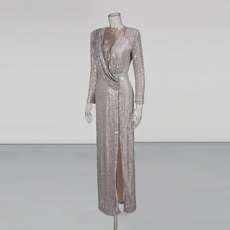 Silver Sequin Long Sleeve Deep Neck Maxi Dress