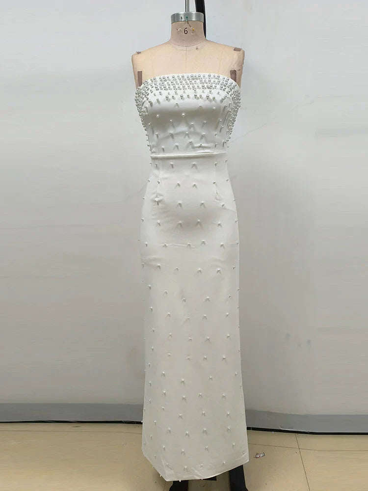 Strapless Pearl Beaded Gown – Elegant Slim-Fit Ankle-Length Dress