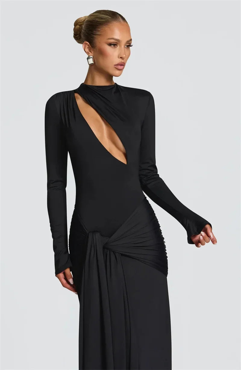 Draped Cut-Out Long Sleeve Evening Maxi Dress